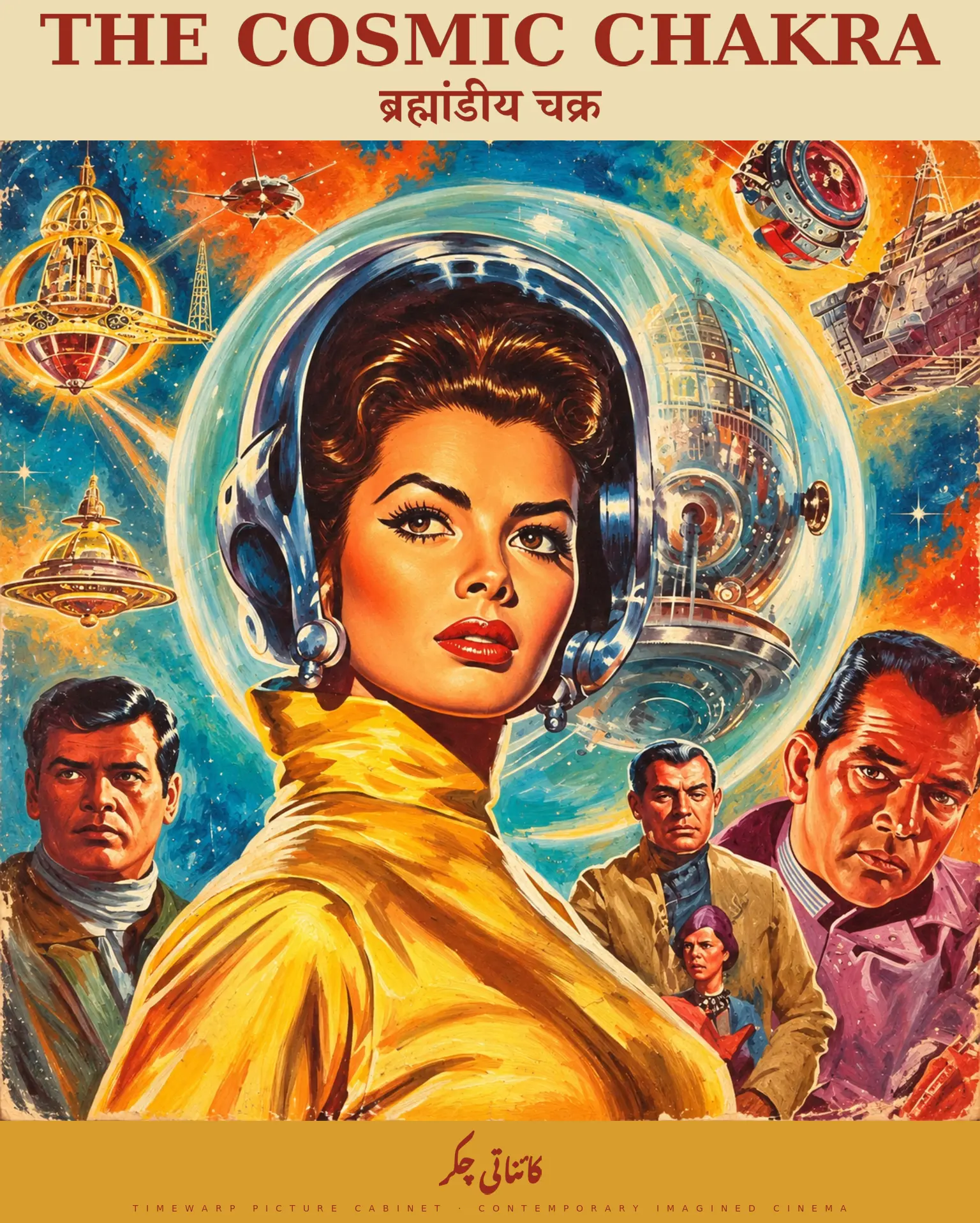 Approved imagined poster for The Cosmic Chakra: a yellow-clad space traveller in a spherical helmet, supporting portraits and golden flying saucers.