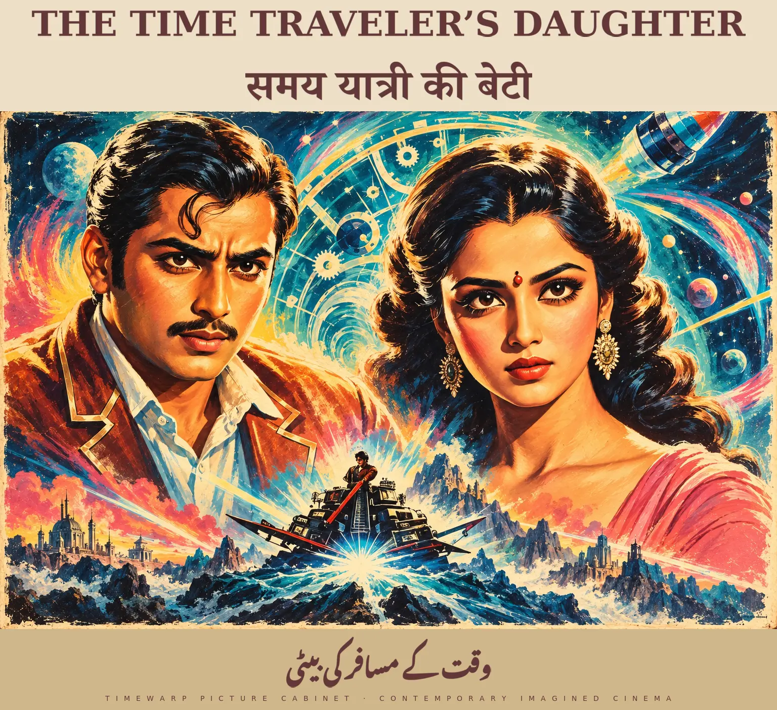 Approved imagined romantic time-travel poster: paired lovers, swirling clockwork and a small time-machine adventure.
