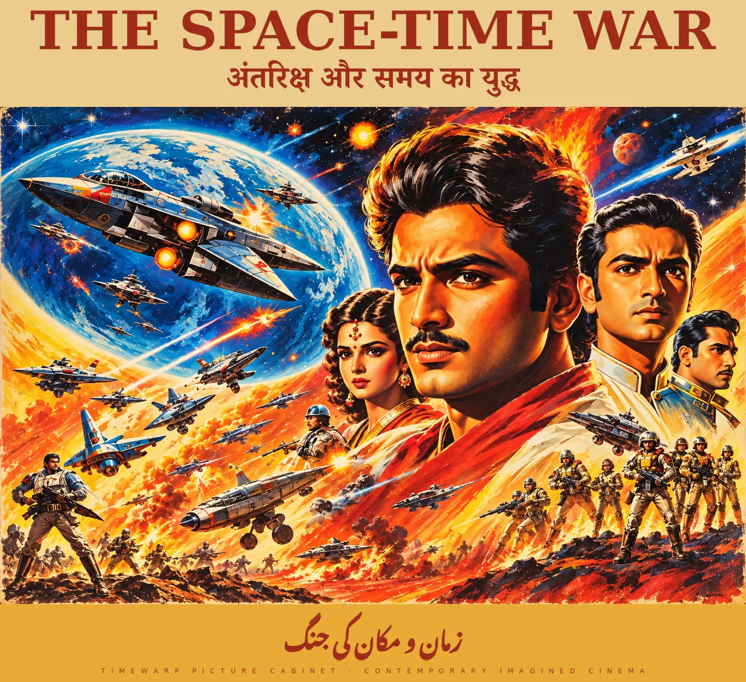 Approved imagined space-action poster: oversized ensemble portraits, sweeping spacecraft, a giant planet and miniature battle scenes.
